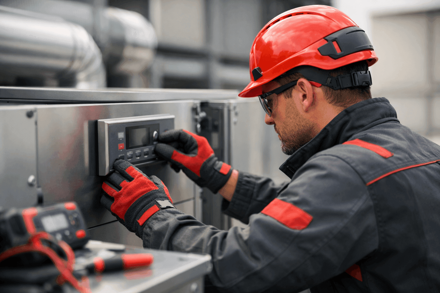 HVAC technician wearing PPE adjusting control panel in clean mechanical room