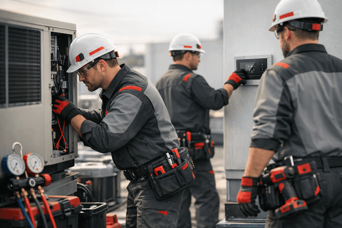 Gloved hands of HVAC technician adjusting thermostat on clean wall indoors