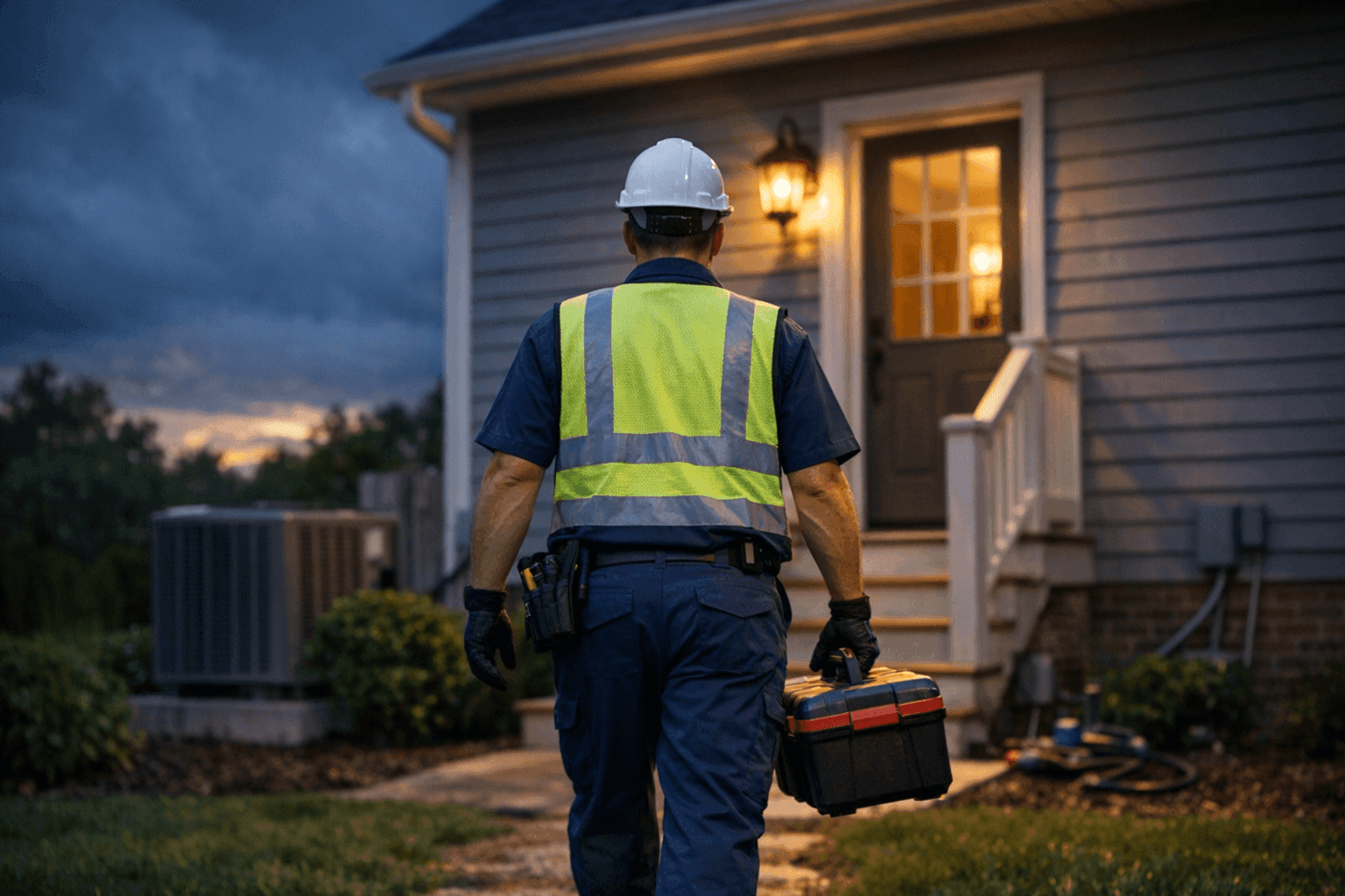 Technician arriving at Greenville SC home at dusk for emergency HVAC repair