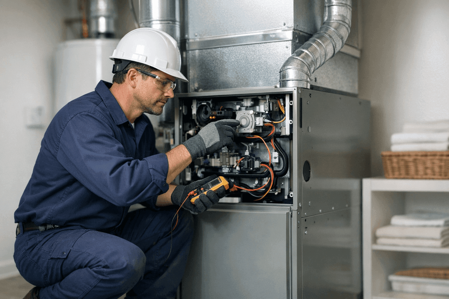 HVAC technician examining furnace in Greenville home during emergency call